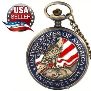 Pocket Watch • United States of America •In God We Trust •Eagle & Flag •w/Chain